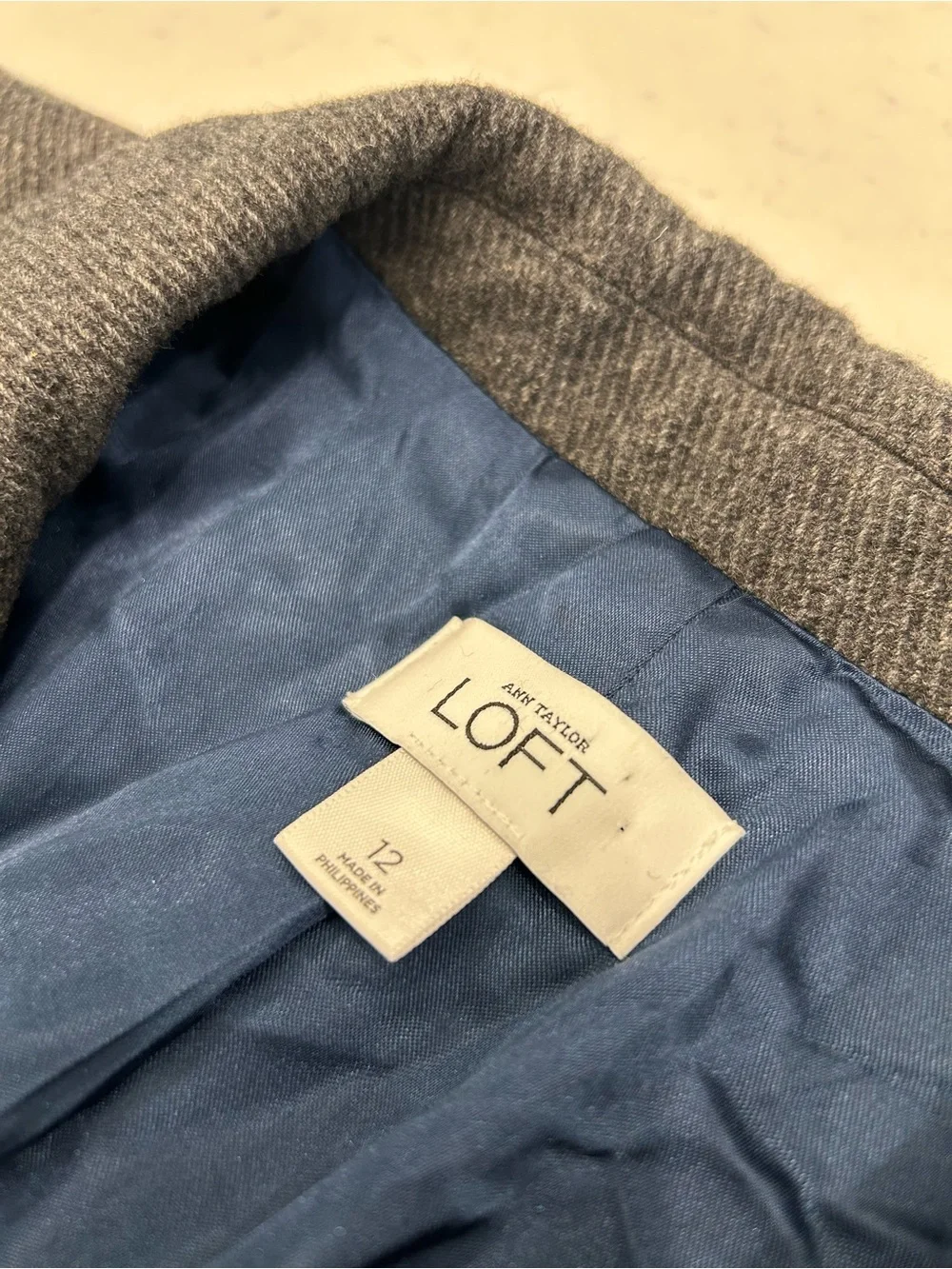 LOFT Gray Herringbone Blazer with Navy Trim